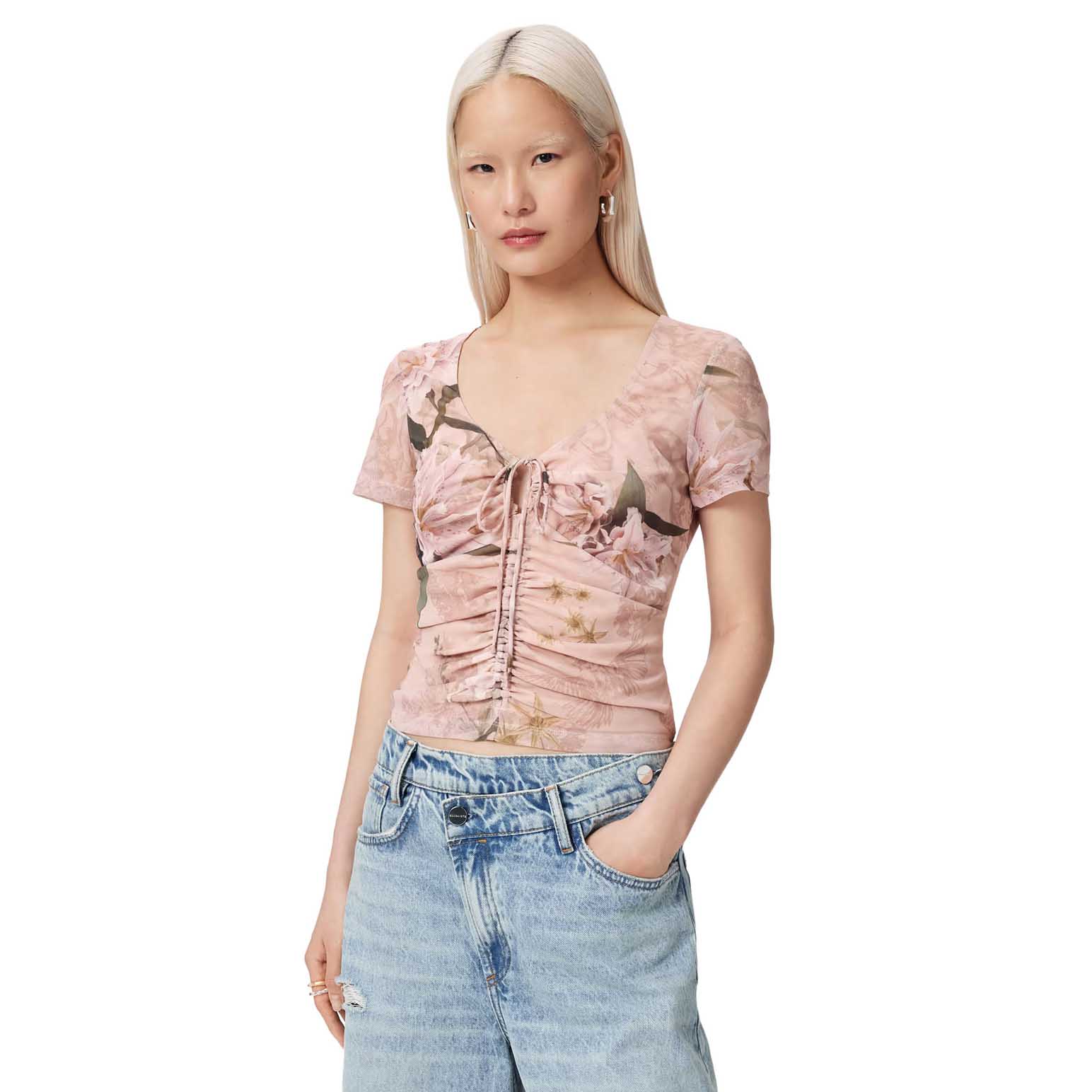 AllSaints Gabby Slim Fit Floral Mesh Top